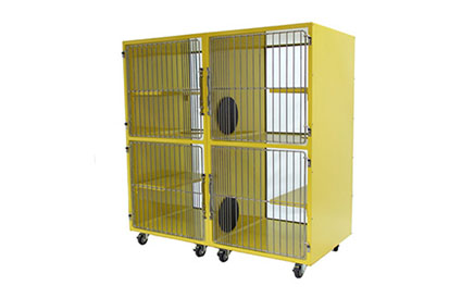 TriStar Vet photo: We designed our stainless steel and colorful powder-coated cat condos to include perch, play and rest areas with exclusive urine-retaining front edges and vertical portals to prevent dripping into lower units