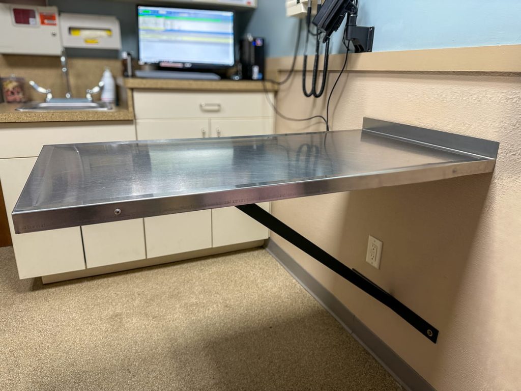 A wall mounted veterinary exam table inside a veterinary exam room